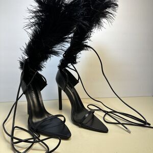 AZALEA WANG CLEASBY FEATHER SANDAL BLACK WRAP Stiletto HEEL Sz 7 New Year's Eve